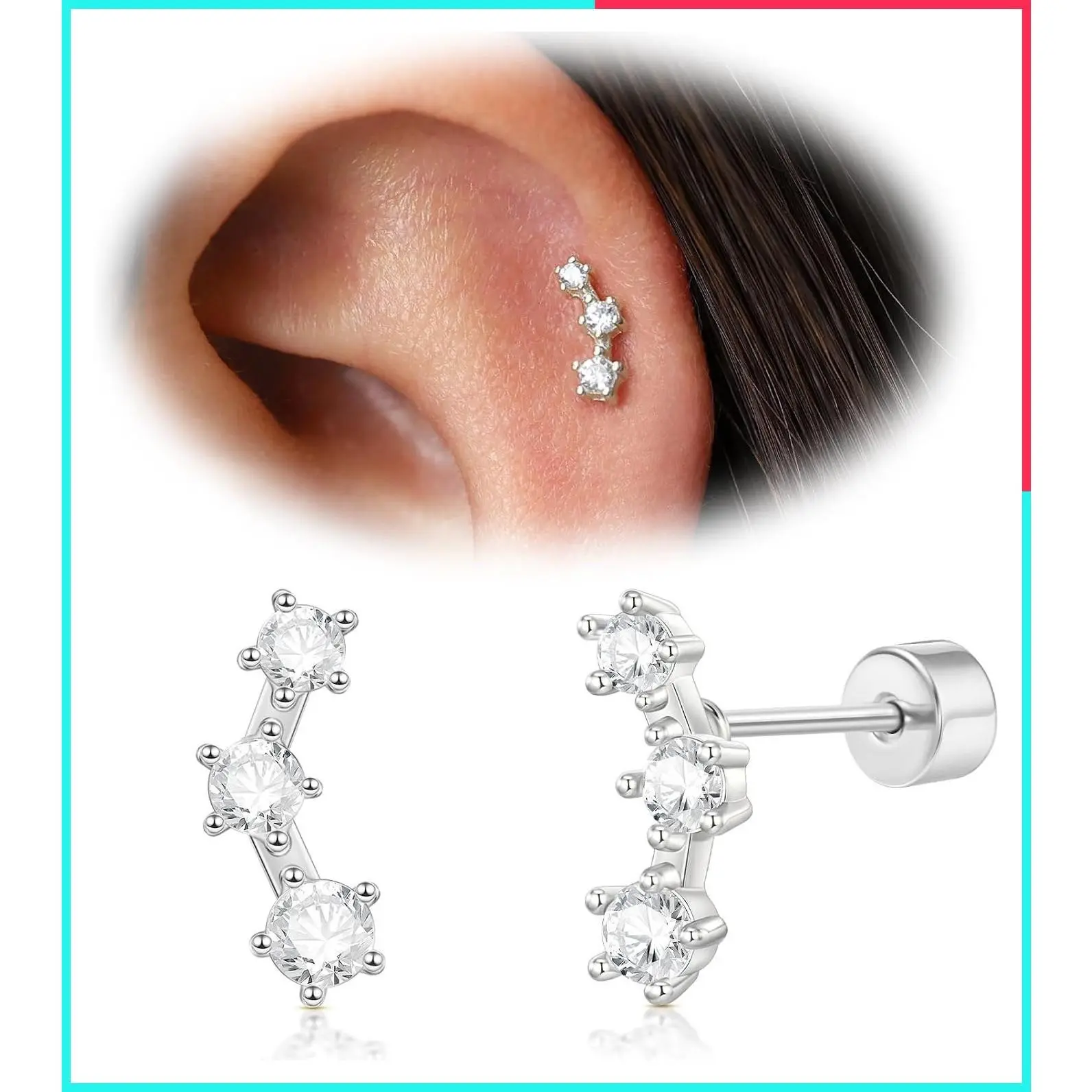 Sterling Silver Flat Back Hypoallergenic Earrings for Women, Cartilage Screw Back Studs – Butterfly Flower Crawler for Conch Helix Piercing