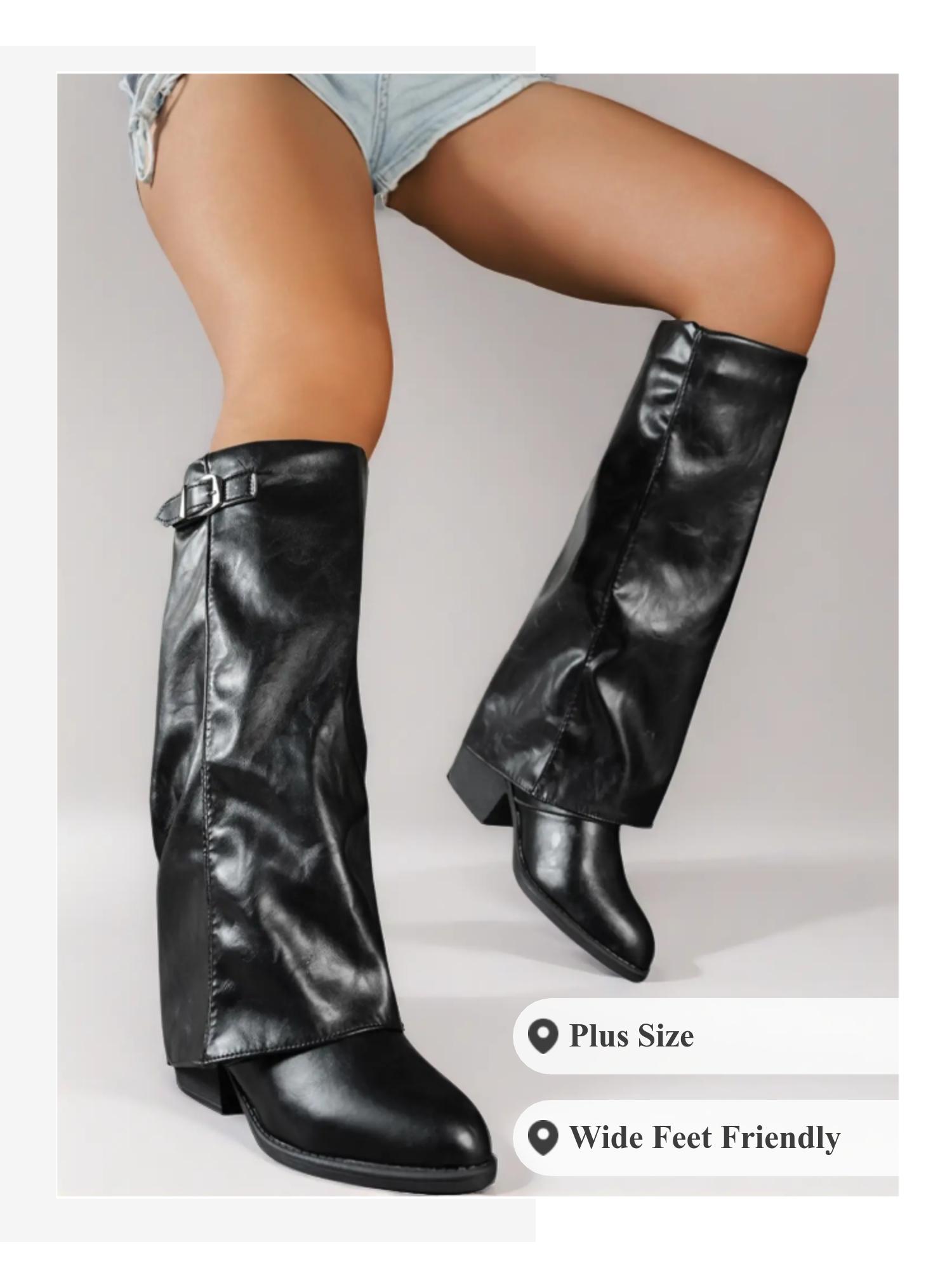 Women's Shark Lock Fold Knee Boots, Wedges High Heels, Zipper Knee-Length, Round-Toe, Designer Luxury, Plus Size, Wide Feet Friendly