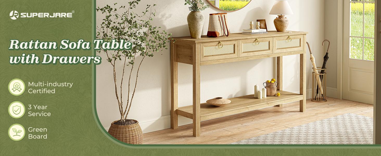 SUPERJARE Rattan Console Sofa Table with Outlets and USB-C Port, 3 Drawer Entryway Table with Synthetic Rattan Surface, Open Shelf, Behind Couch Entry Foyer Hallway Storage
