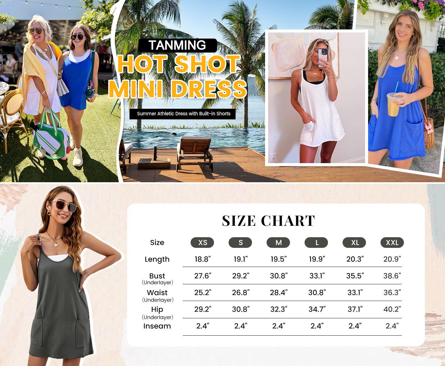 Tanming Women's Athletic Sleeveless Mini Dress with Built-in Shorts V Neck Spaghetti Strap Short Tennis Dress with Pockets Casual Mom Life Postpartum Style