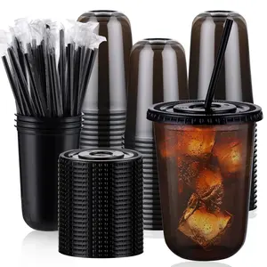 100 Pack 16oz Disposable Plastic Cups with Lids and Straws Black Transparent Cold Drink Cups for Iced Coffee Smoothie Party CafE Use Halloween Party Supplies
