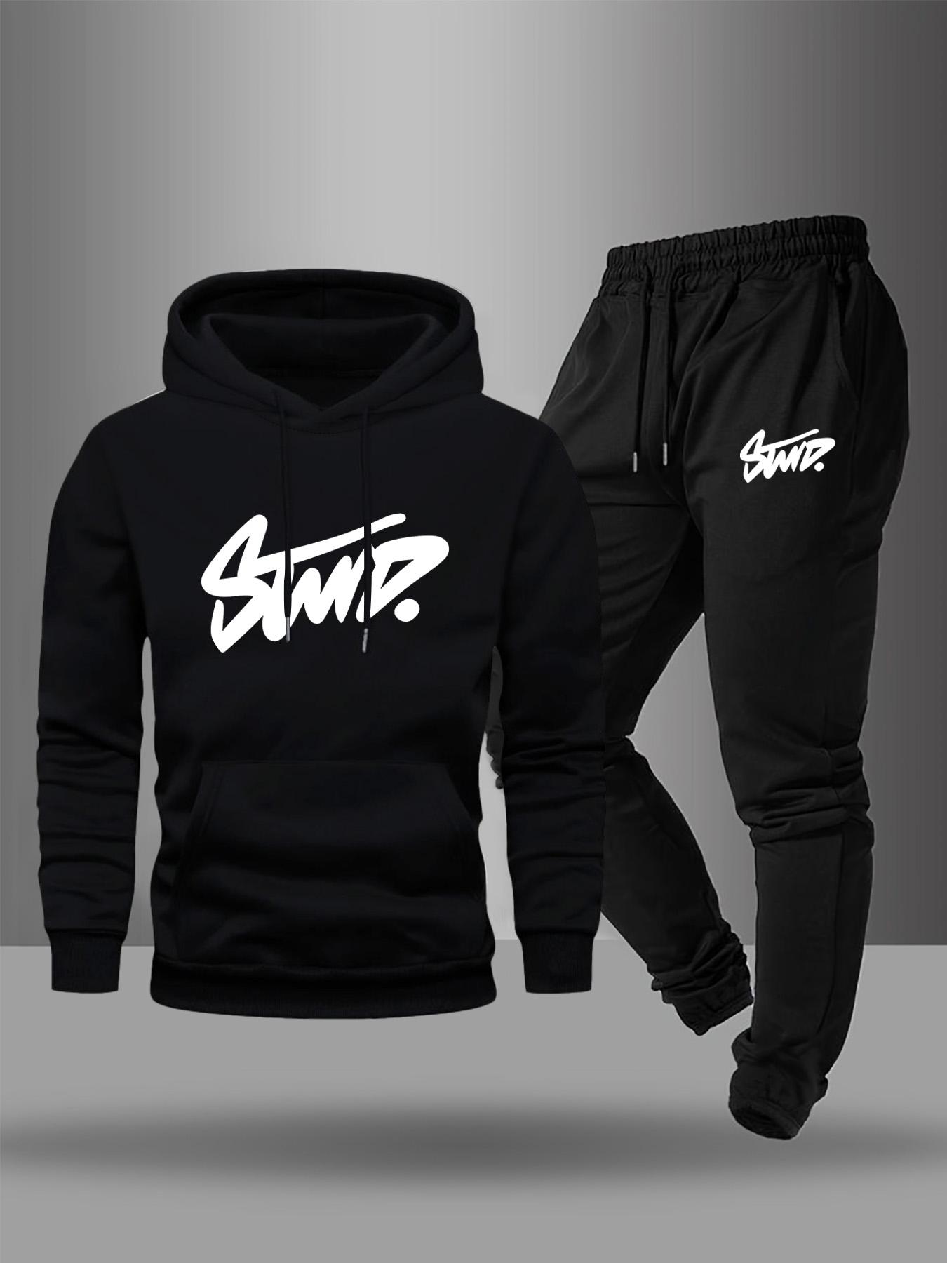 Men's Trendy Graffiti-Inspired Tracksuit Set: "SWD" Printed Hoodie & Sweatpants, Perfect for Streetwear Fans and Casual Urban Style