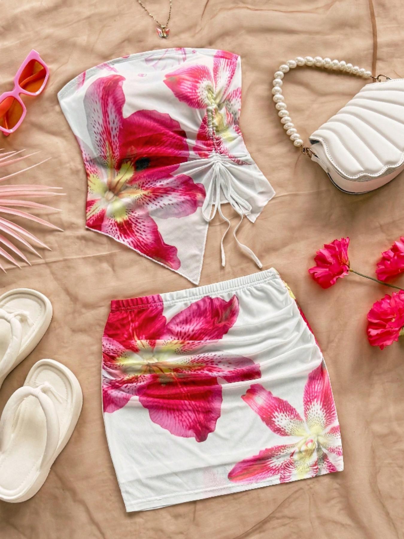 Romantic Floral Print Bandeau Eyelet Mesh Backless Top, Adjustable Drawstring Design, Sleeveless & Strapless Style, Perfect for Summer, Fashion