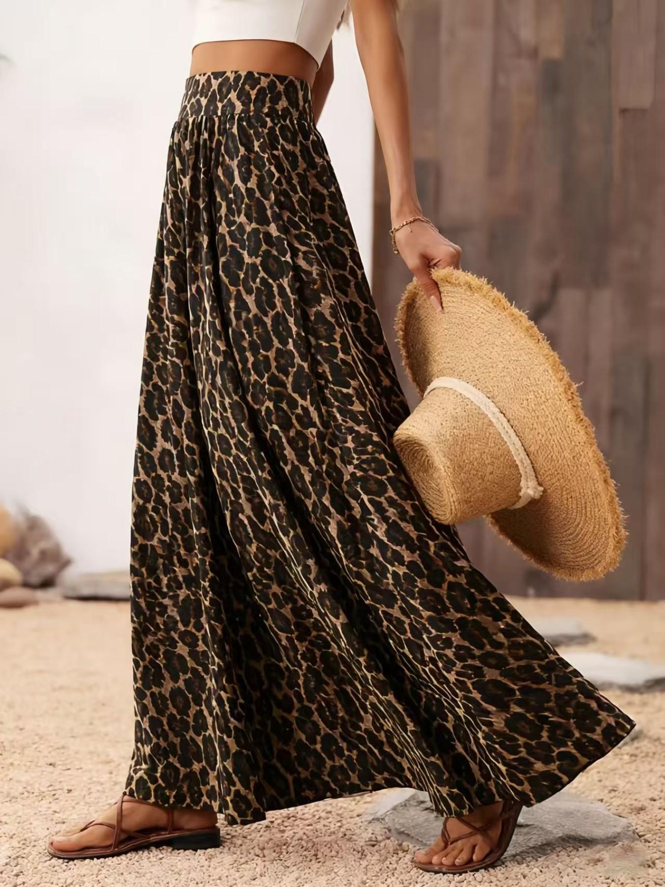 Trendy Leopard Print Floor-Length Dress, Women's Summer Casual Elastic Waist Flowing Long Midi Skirt, Stylish and Comfortable