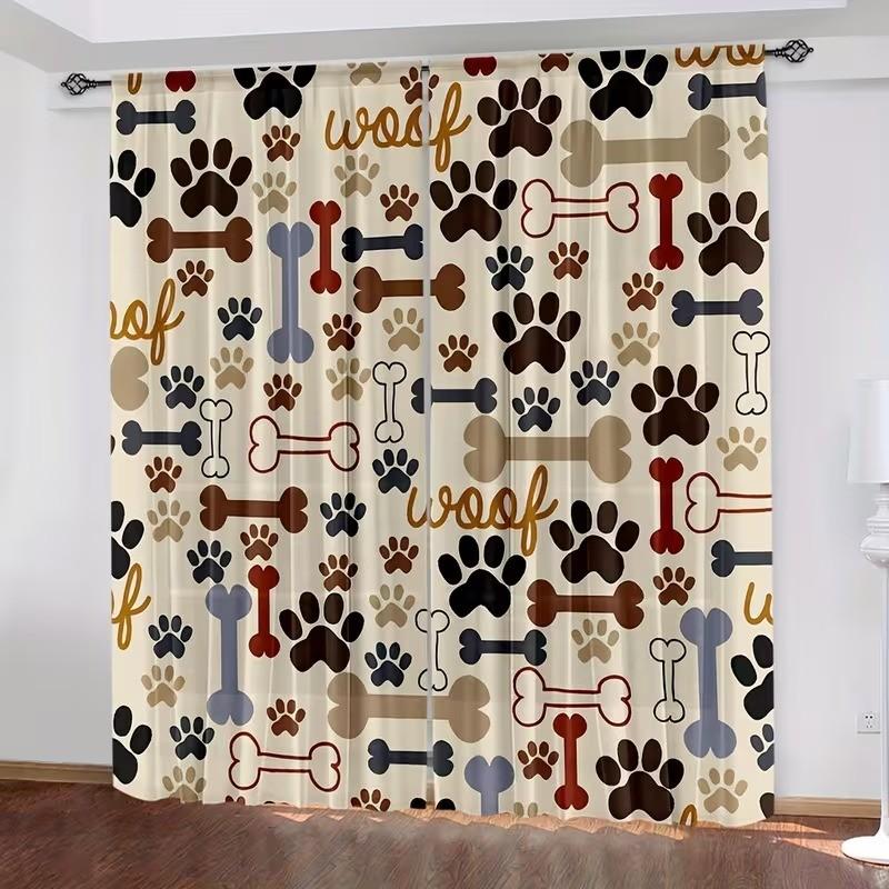 2 pieces of dog paw printed curtains, made of polyester with semi-transparent texture, machine washable, suitable for bedrooms, living rooms and home decoration curtains.
