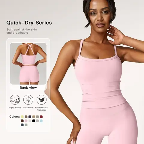 【Black Friday】Women's Solid Backless Spaghetti Strap Cami Top & High Waist Shorts 2-Piece Set, Ladies Sleeveless Crop Sportswear for Indoor Outdoor, Yoga Active Wear, Gym Outfit