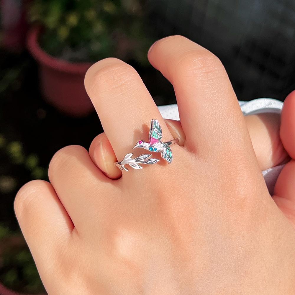 Fashionable Open Ring 925 Sterling Silvery 3.94g/0.1390z Colorful Ceramic Craft Cute Geometric Animal Pattern with Branch Decoration Design Adjustable Engagement Wedding Party Ring Suitable for Women Valentine's Day Jewelry Gift