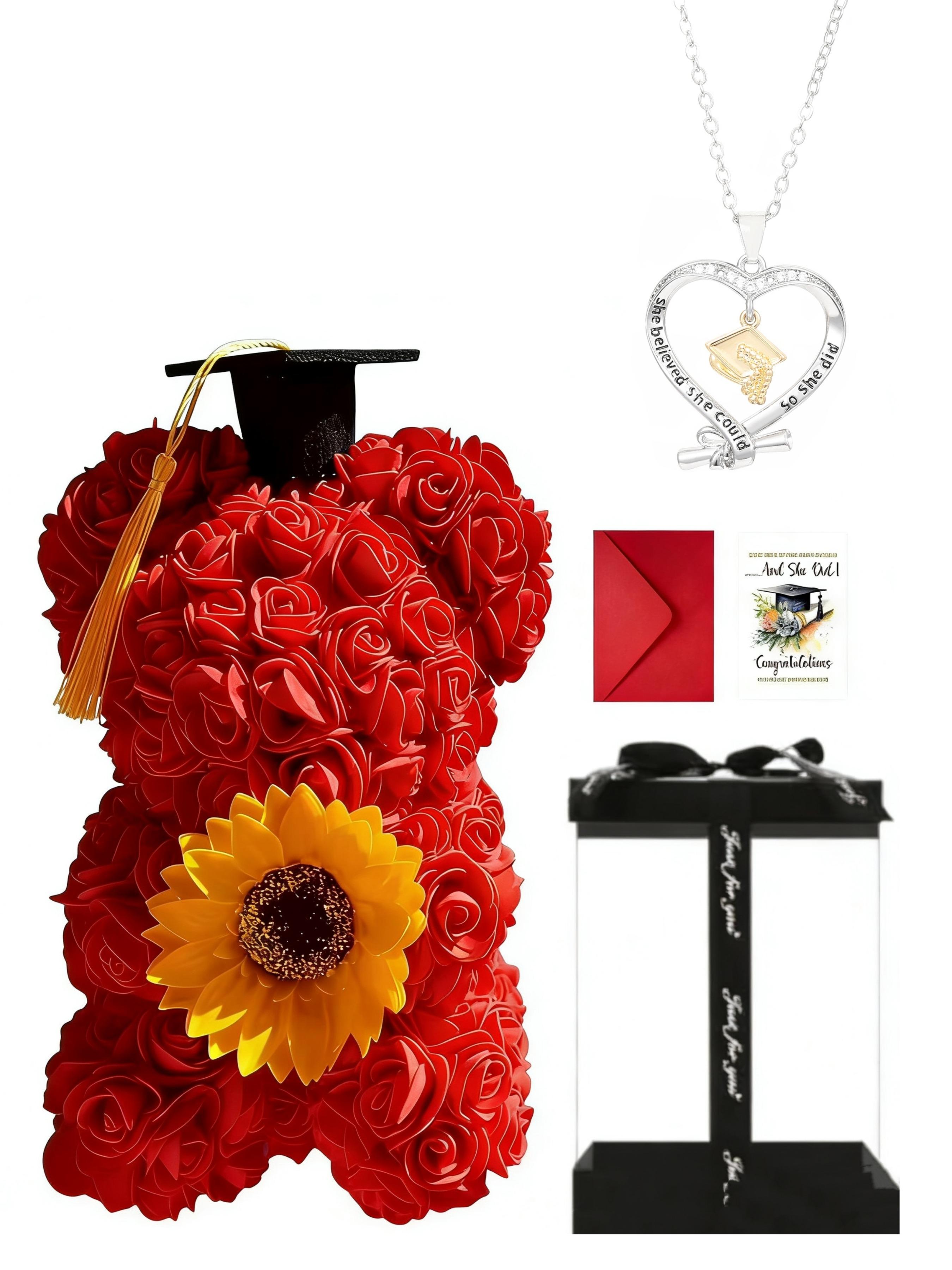 Graduation Season Creative Design Graduation Souvenir Gift, Phd Hat Necklace, Rose Flower Bear, PVC Handbag Packaging Box