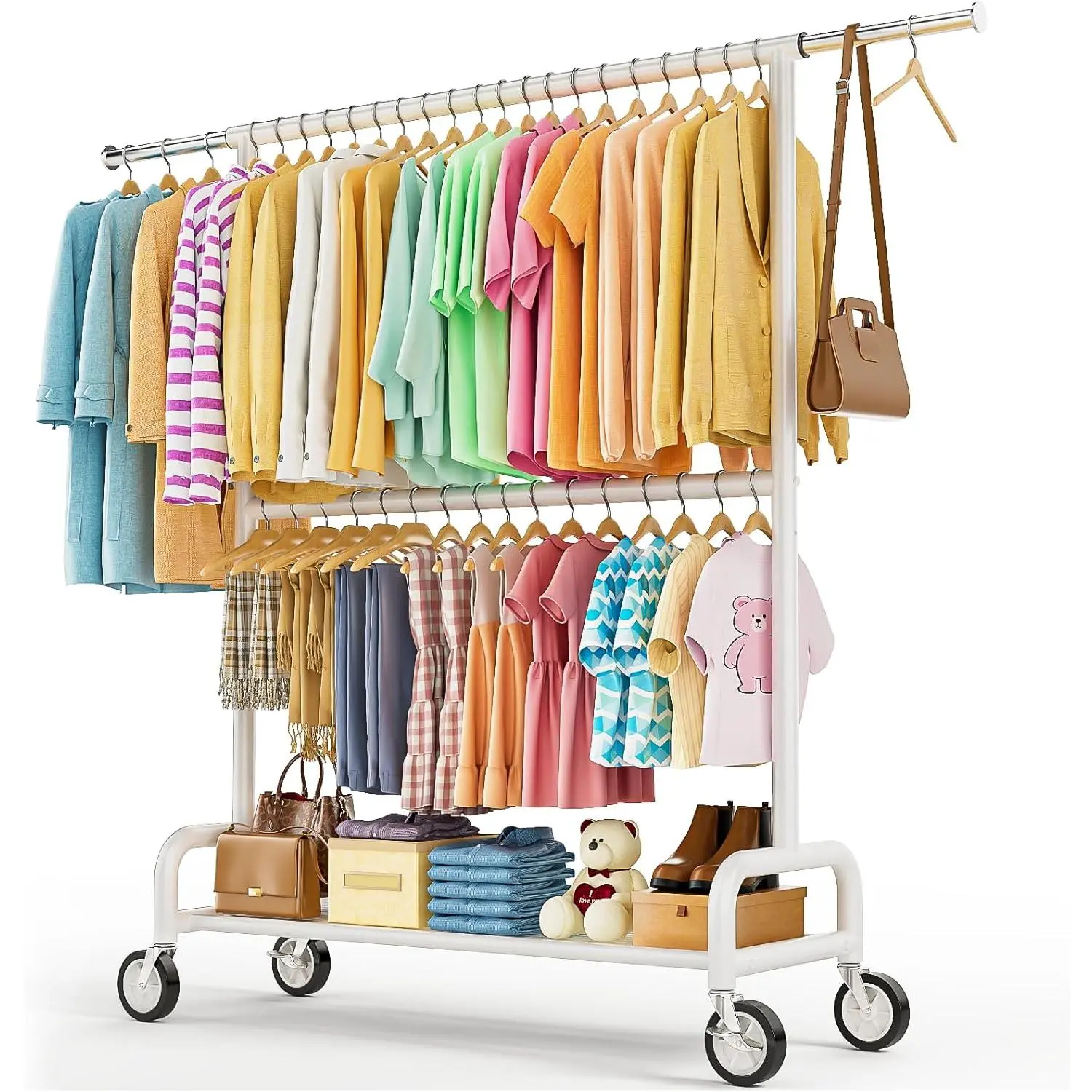 Heavy Duty Clothes Rack Load 860LBS, Double Rods Rolling Clothing Racks for  Clothes, Rolling Garment Rack With Sturdy Wheels Shelves, Portable & Adjustable Commercial Garment Rack, White