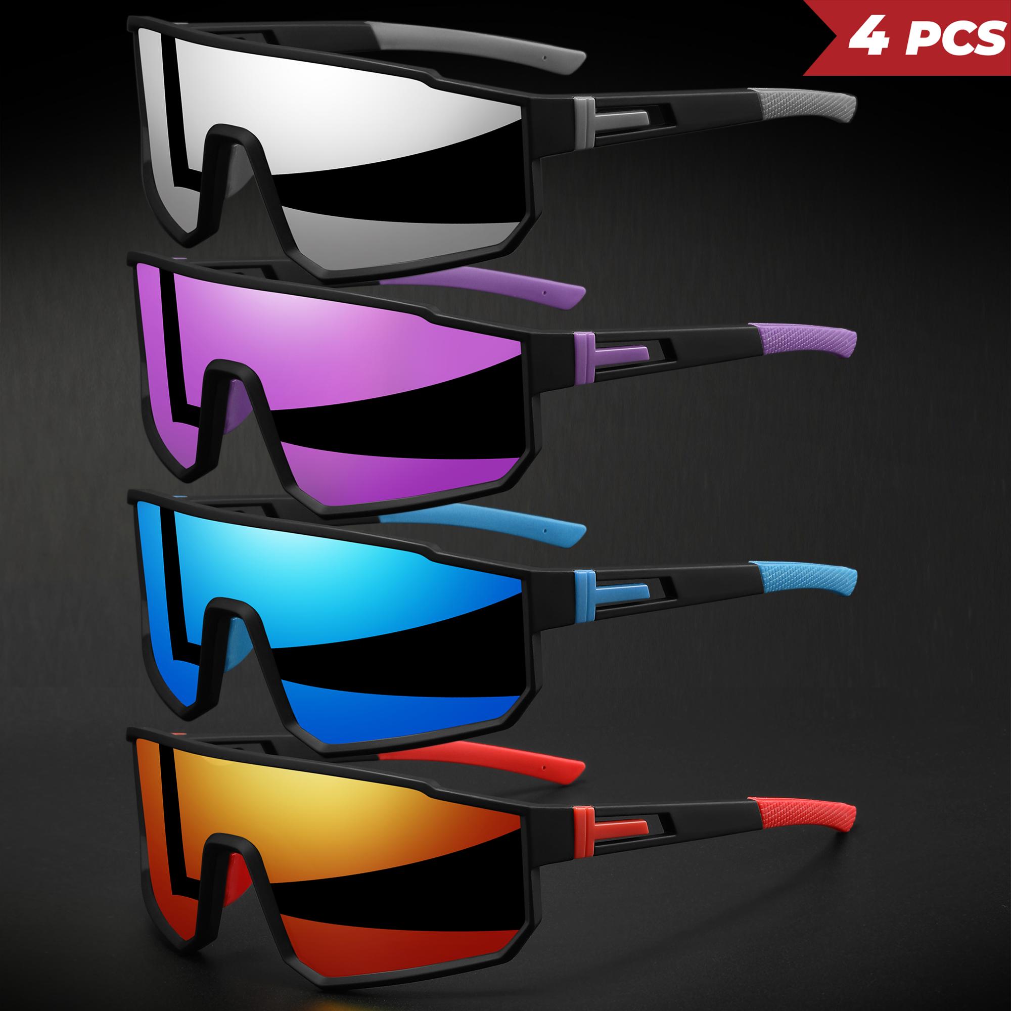 XUH 4PCS Unisex Oversized Sports Cycling Sunglasses, Colorful Wraparound UV400 Protection Windproof Glasses, Comfort Fit for Cycling Hiking Outdoor Sports,summervibes