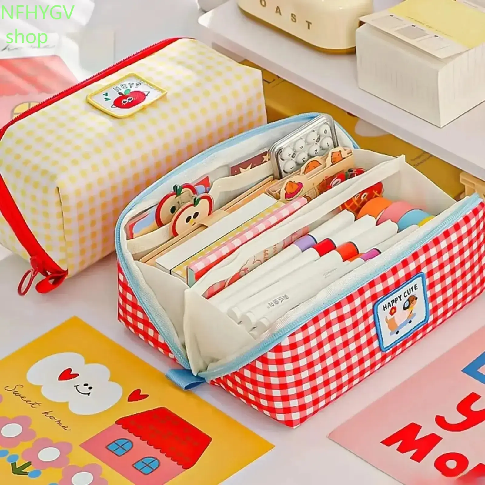 Cute Aesthetic Large‑Capacity Pencil Case, Grid Pattern Transparent Pencil Pouch, Cartoon‑Inspired Stationery Organizer Bag For School Students And Teens, For Everyday School Use