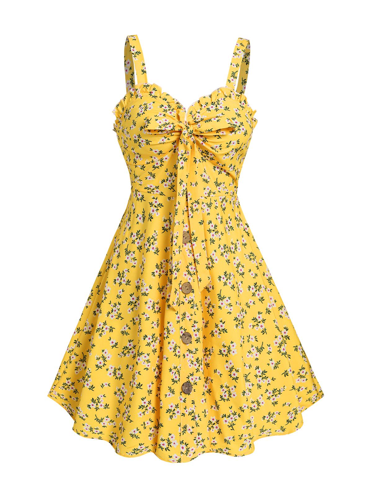 Women's Fashion Summer Dresses 2025 Floral Print Vacation Sundress Garden Party Dress Smock Back Ruffled Bowknot Mini Dress