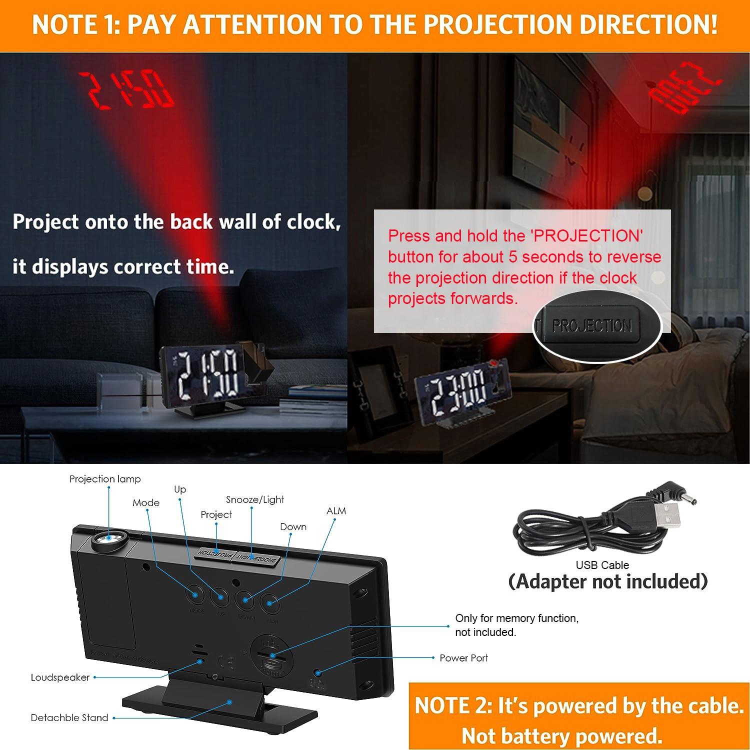 Digital Alarm Clock Projection for Heavy Sleepers, Electronic Mirror Clock with Large LED Screen, 12/24h Temperature Display
