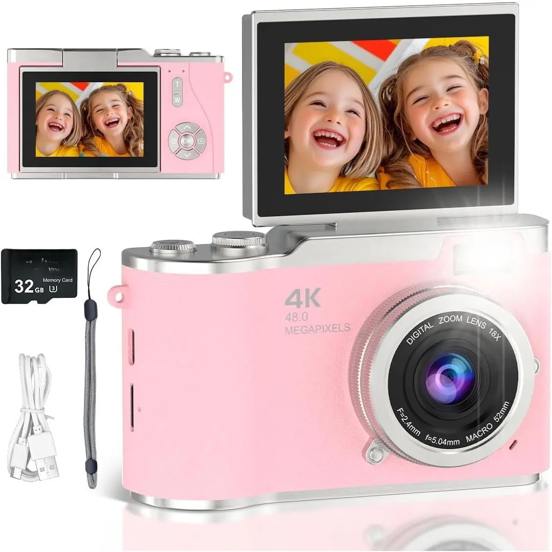 Digital Camera 1080P,Autofocus 48MP Video Selfie Camera(32GB Card) | Flip Screen Digital Camera 8X Zoom Anti Shake Compact Point and Shoot Camera for  Teens Beginner 2.4"Screen