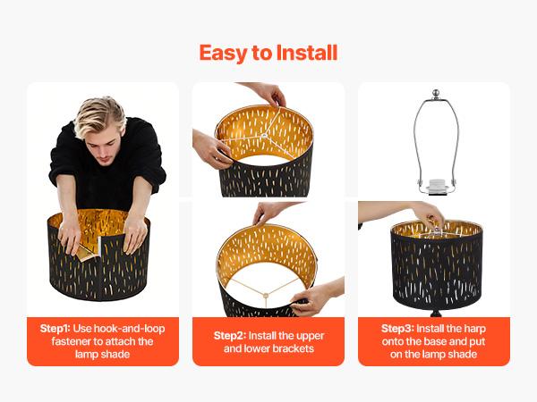 VEVOR Drum Lamp Shade 2 Set, 13 in Topx 13 in Bottomx 10 in High, Medium Drum Lampshade with Harp, Replacement Lamp Shade for Table Lamps Floor Lamps Pendant Lights, Black Hollow-carved Design