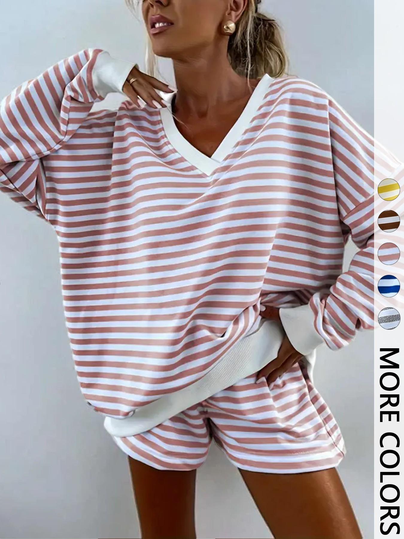 Women's Striped Print Long Sleeve Tee & High Waist Shorts Two-piece Set, Casual Round Neck Top & Shorts for Spring & Fall, Women's Clothes for Daily Wear