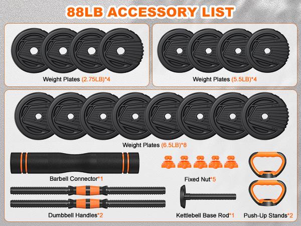 5 in 1 Adjustable Dumbbell set, 55/66/88lbs Weight Set for Home Workout,  Pesas Para Ejercicios en Casa Used as Barbell, Kettlebells, Push up Stand for Home Gym, summervibes