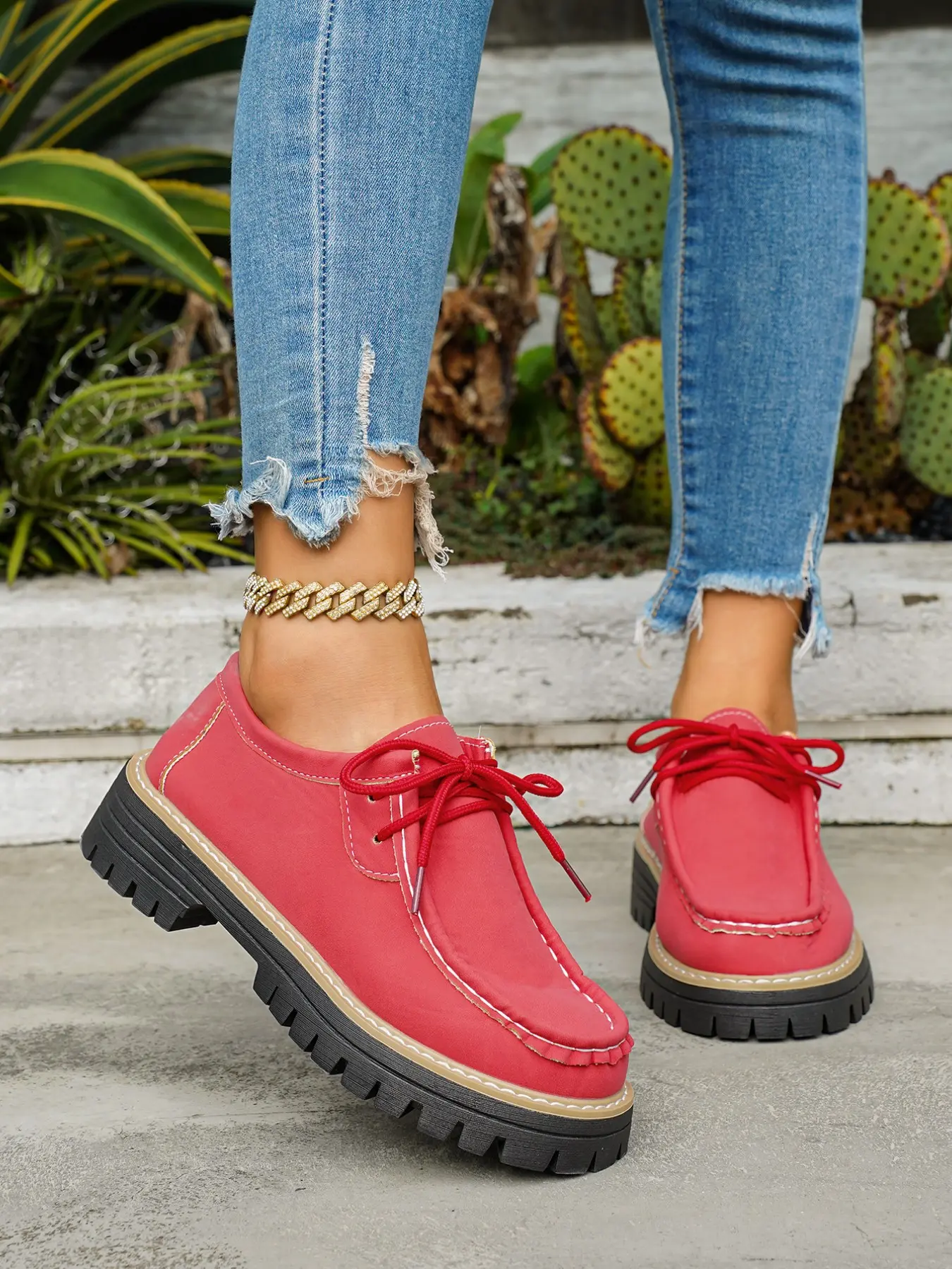 Women Suede Platform Lace Up Oxford Shoes Stitch Detail Chunky Lug Sole Casual Vintage Walking Loafers