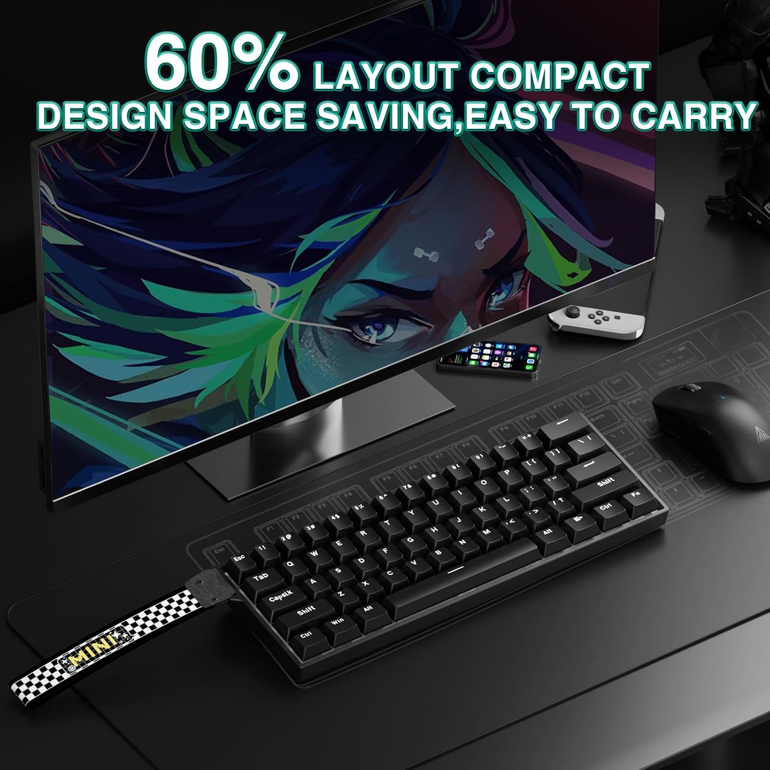 Aula MINI60 HE  Gaming Keyboard 60%,Hall Effect Rapid Trigger  Keyboard,8000Hz Polling,Tri-Mode(BT5.0/2.4GHz/USB-C),Hot Swappable Compact Mechanical Keyboard for Gamer(Black)