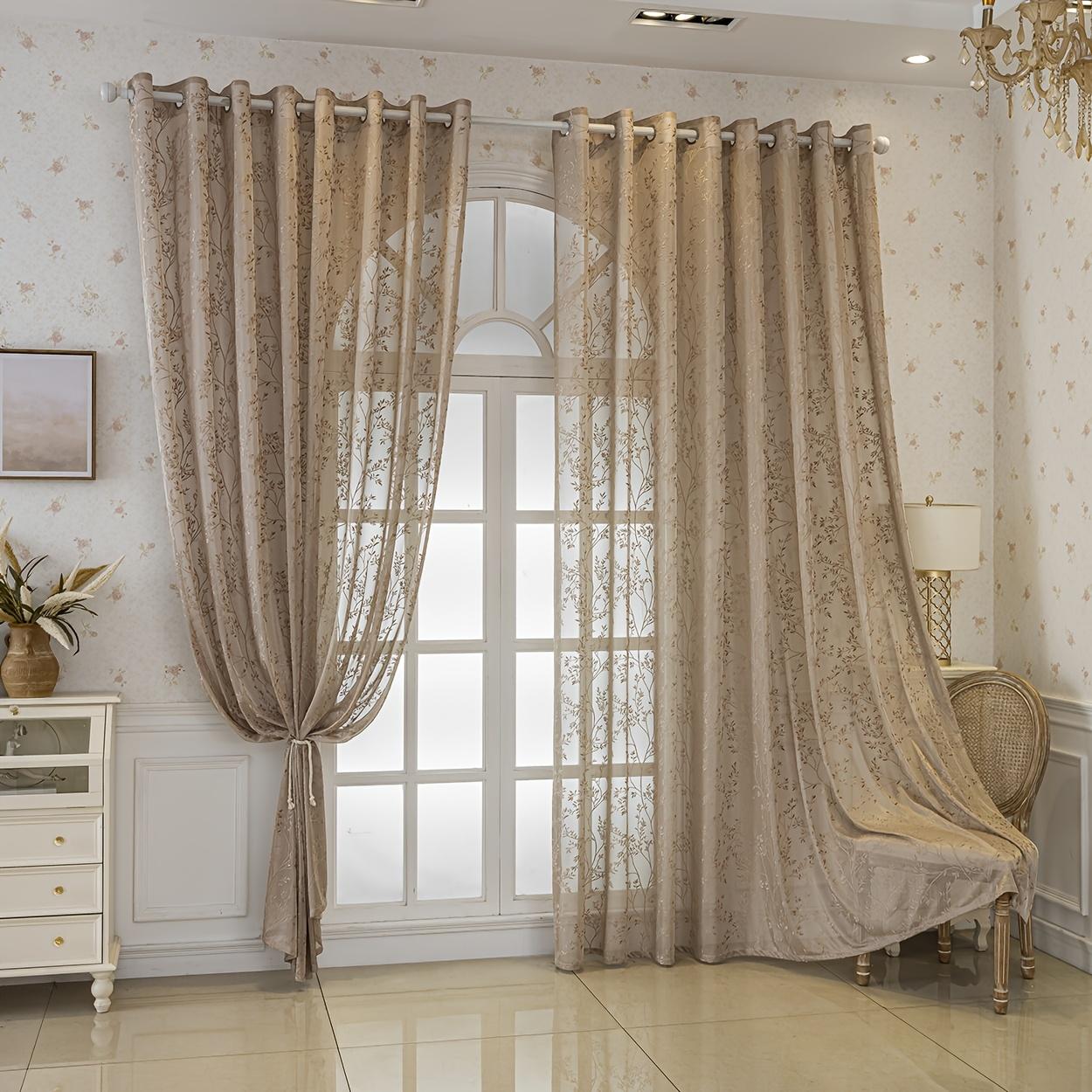 Vintage Bohemian Plant Jacquard Semi-Transparent Curtain, with Hanging Holes, Suitable for Bedroom, Living Room, Balcony, Room Divider