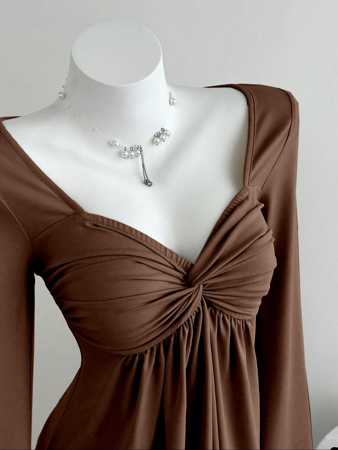 Women's Casual Fashion Apricot Smocked Doll Top, Long Sleeve T-shirt for Autumn and Winter