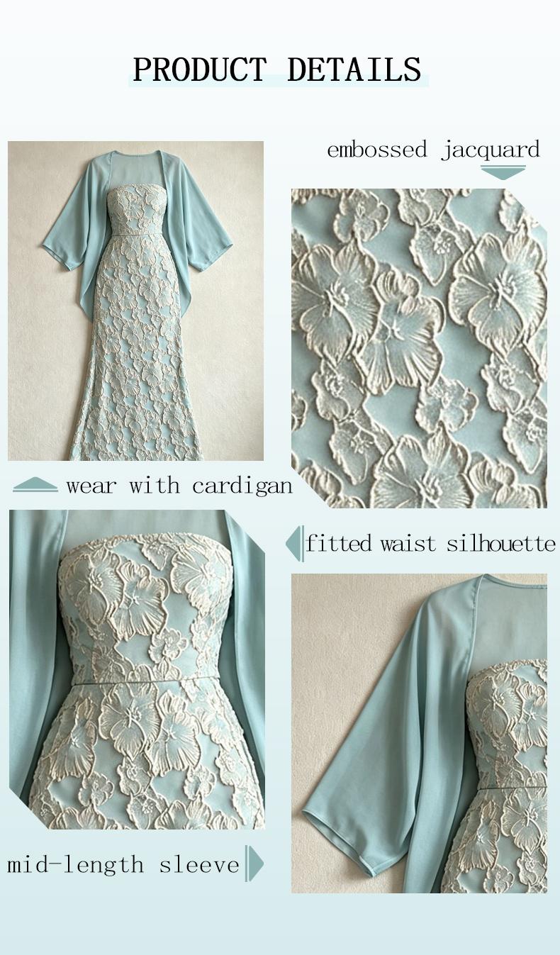 Women's 2 Piece Formal Dress Set, Strapless Jacquard Maxi Dress with Sheer Chiffon Cardigan, Elegant Mint Green Evening Gown for Wedding Guest, Cocktail Party, Evening Party Dresses, Evening Formal Wear