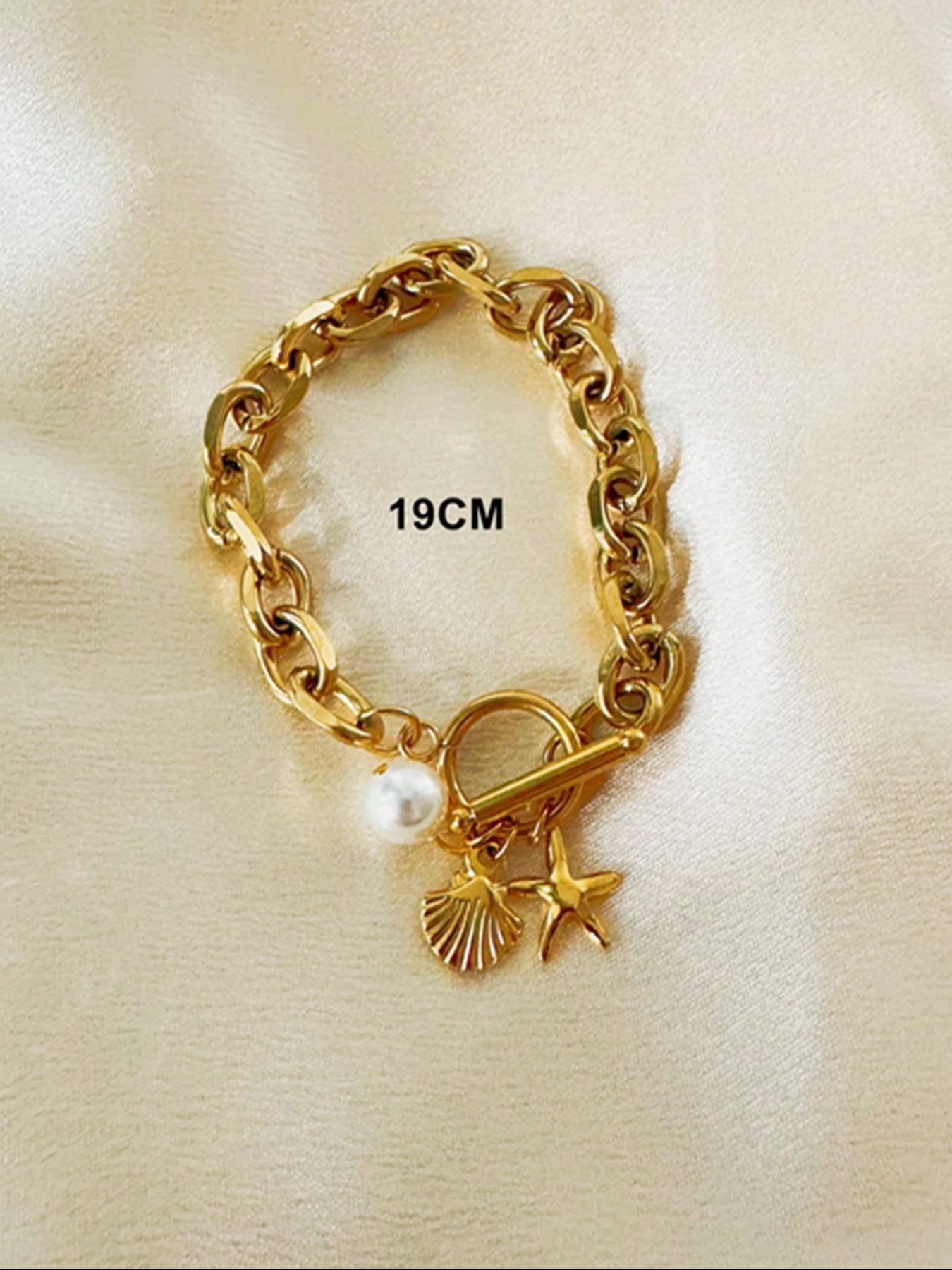 Hip Hop Ocean Style Bracelet, Versatile Luxurious Stainless Steel Shell Pearl Starfish OT Buckle, Women's Fashion Jewelry