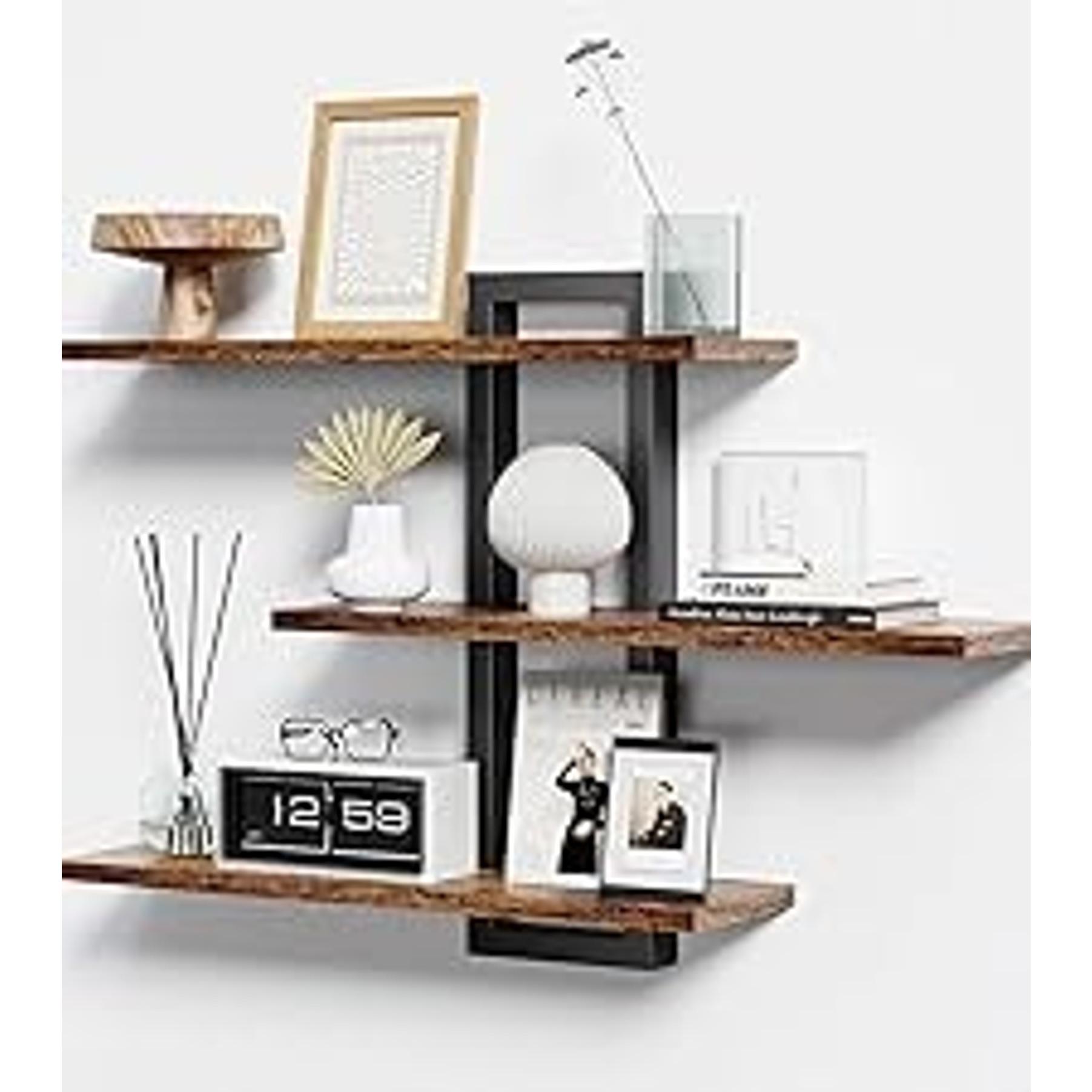 Rustic Brown and Black Wooden Floating Wall Shelves Set - 3-Tier Hanging Storage Racks for Bathroom, Bedroom, Easy Installation, Home Organizer Decor, Rustic Look