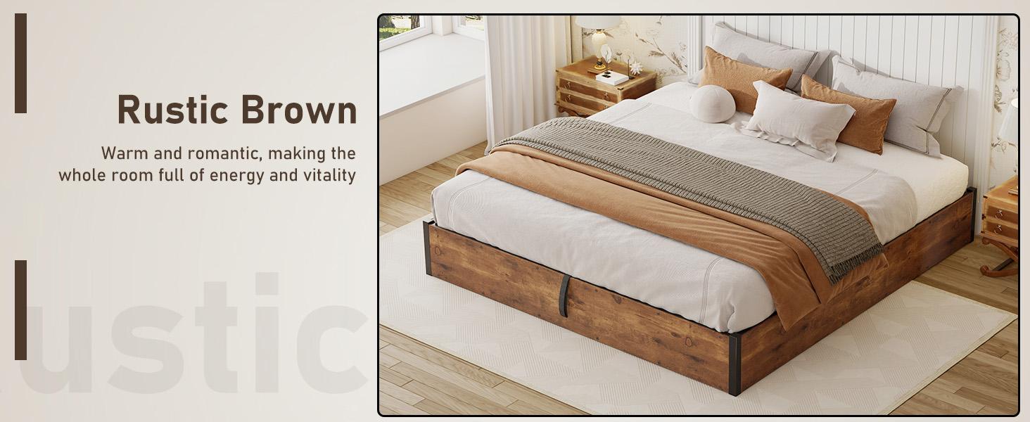 VanAcc Lift Up Storage Bed, Farmhouse Bed Frame with Storage Underneath, Wooden Platform Bed Frame, Solid Wood Slats Support, No Fixed Headboard, No Box Spring Needed