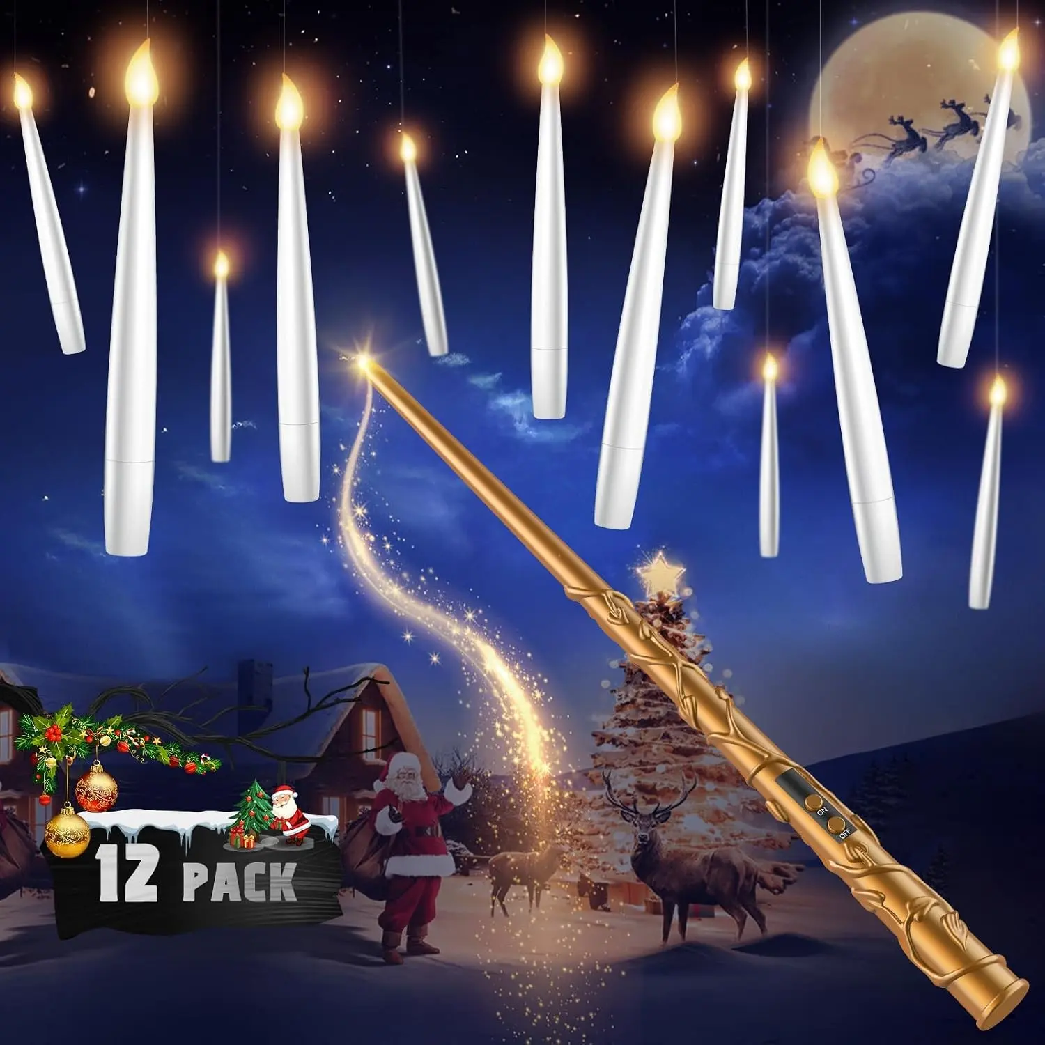 Remote Control Magic Wand Floating Candles Set, 12pcs Christmas Decor, Flameless LED Hanging Candles, Battery Powered, Indoor Outdoor Party Decoration
