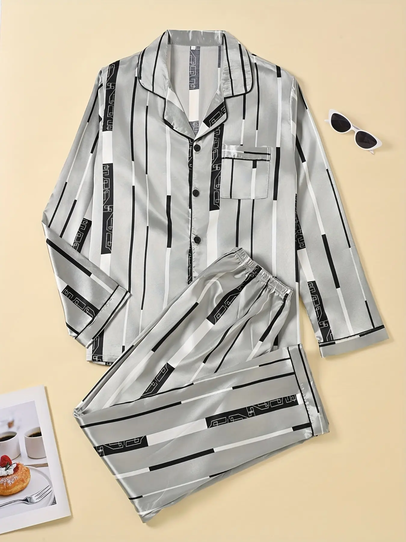Mens Satin Pajama Set Pyjamas Silver Gray Stripe Geometric Print Long Sleeve Button Down Collar Top And Pants Two Piece Sleepwear Loungewear