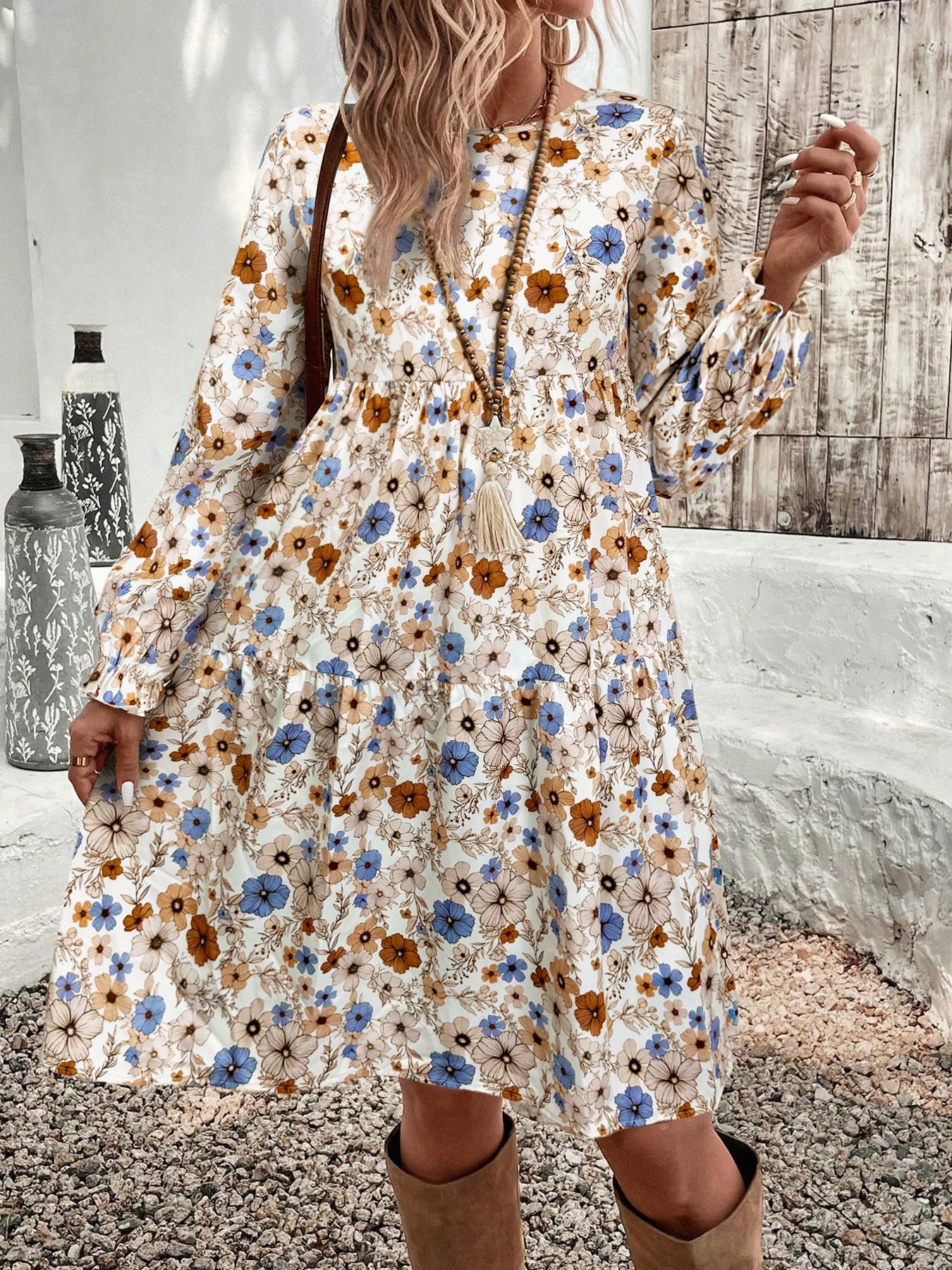 Women's Floral Print Tie Neck Flounce Ruffled Sleeve Woven Dress, Elegant Fashion Casual Dress for Daily Outdoor Wear, Women Dress for Spring Fall