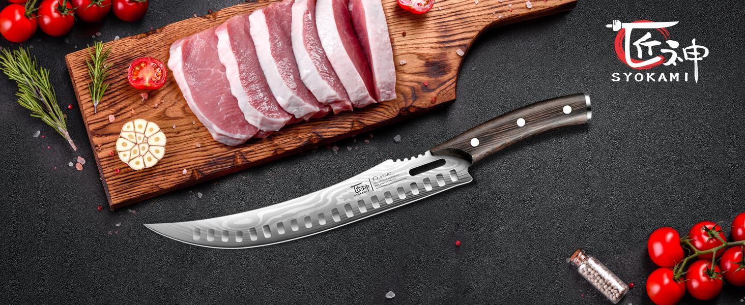 【DealsForYouDays】 SYOKAMI Stainless Steel Butcher Knife, 10.5 Inch High Carbon Japanese Style Carving Knife with Wood Full Tang Wooden Handle, Damascus Pattern Cooking Knives, Razor Sharp Breaking Kitchenware with Gift Box Ideal for Valentine's Day, Cutti