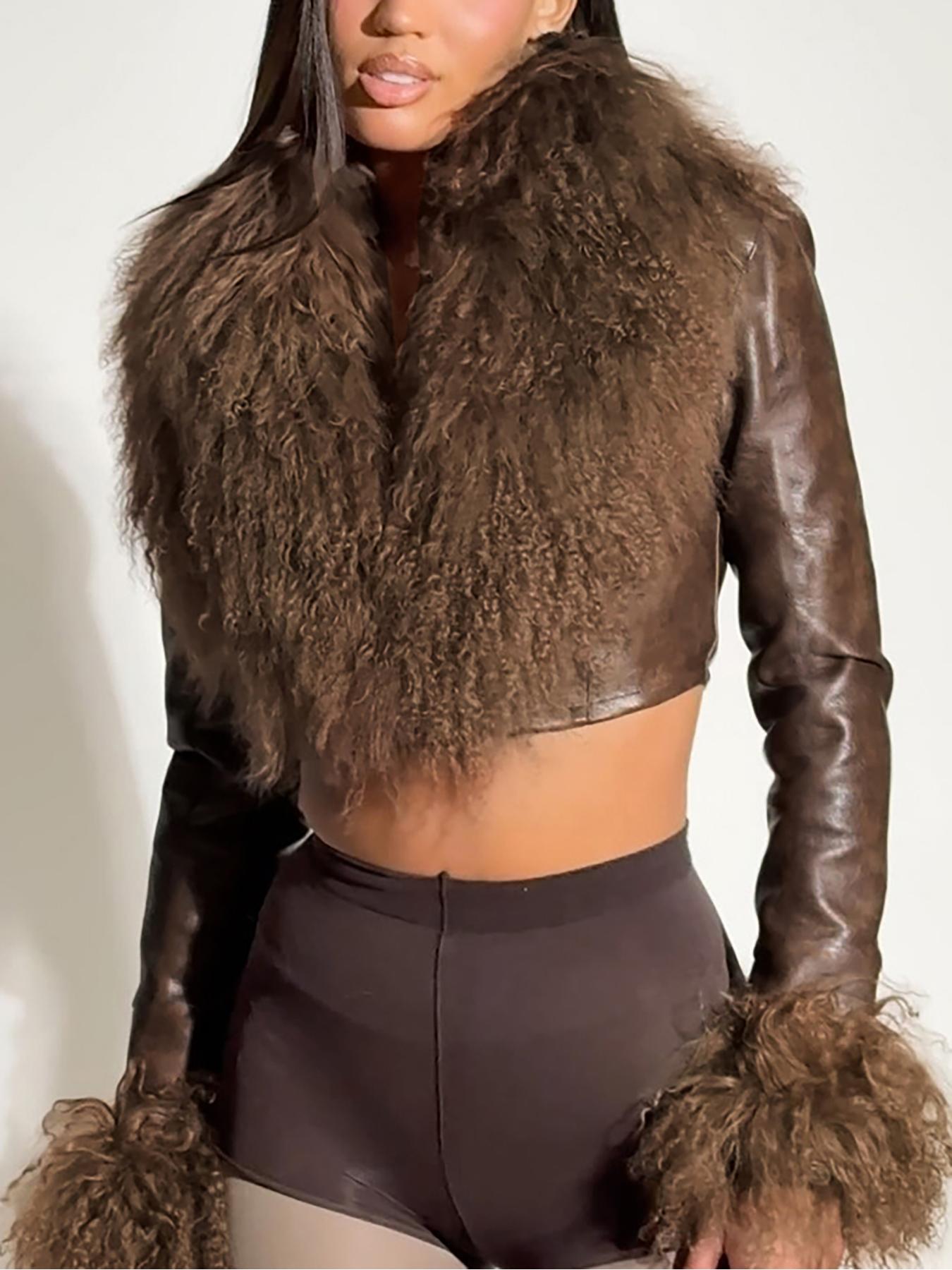 Women's Fashion Faux Fur Collar Long Sleeve V-Neck Leather Jacket, Autumn Winter New Style Slim Fit Outerwear, Trendy Tassel Fringe Patchwork Coat, Womenswear