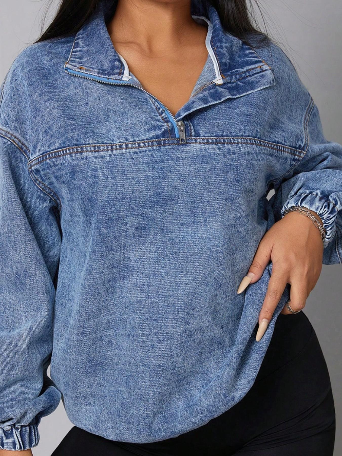 Women's Denim Jacket with Half Zipper and Standing Collar, Loose Fit Drop Shoulder Long Sleeve Top, Washed Vintage Pullover Casual Fashionable Stylish Outerwear Coats