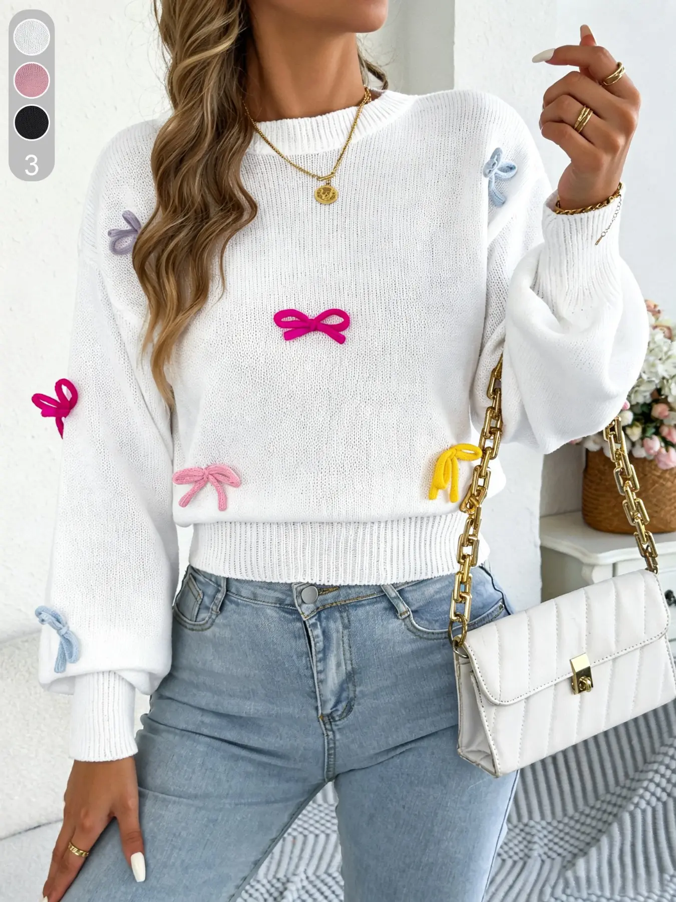 Women's Fall Winter Casual Long Sleeve Sweater, Round Neck Butterfly Knot, Comfortable Daily Wear, Street Style, Youthful and Simple