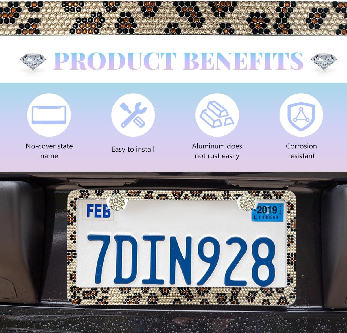 Bling License Plate Frame, Sparkly Rhinestone Car Tag Cover with Glittery Screw Caps, Stainless Steel Handcrafted Crystal Licence Plate Holder for Women, Car Accessories (Leopard Print)