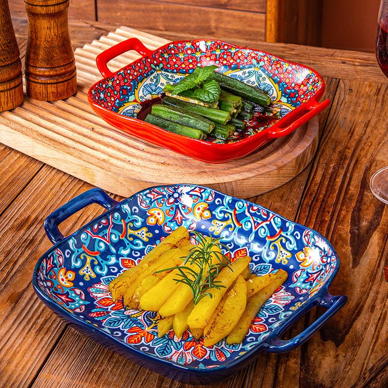 Bohemian Style Ceramic Bakeware Set, 4 Counts/set Square Dual-handle Plates for Baking Fruits Pasta, Oven & Microwave Safe Dishes for Home Use, Salad Serving Plates