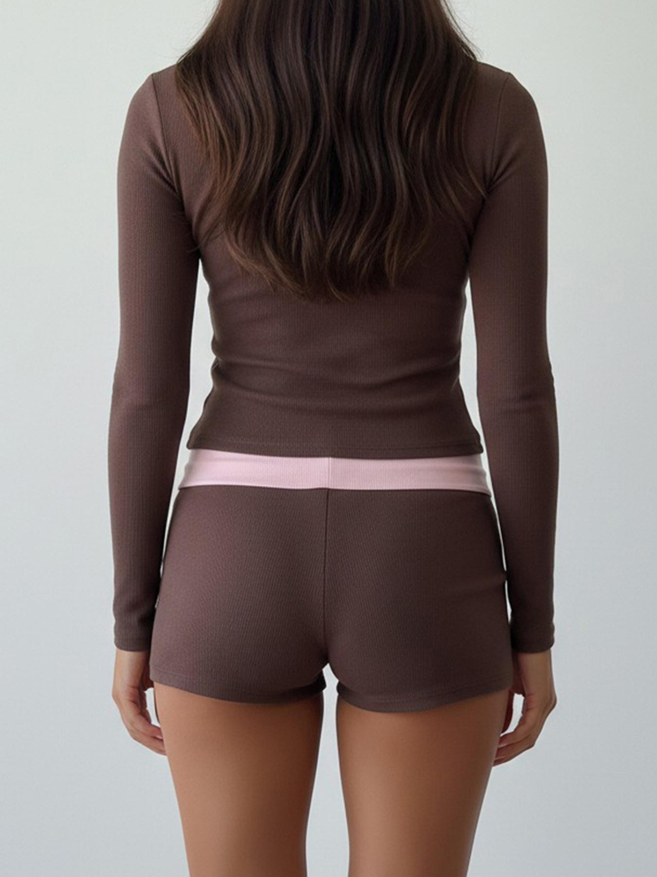 Women's Colorblock V Neck Long Sleeve T-Shirt & Shorts Set, Casual Chic Home Wear, Comfortable Two-Piece for Daily Use