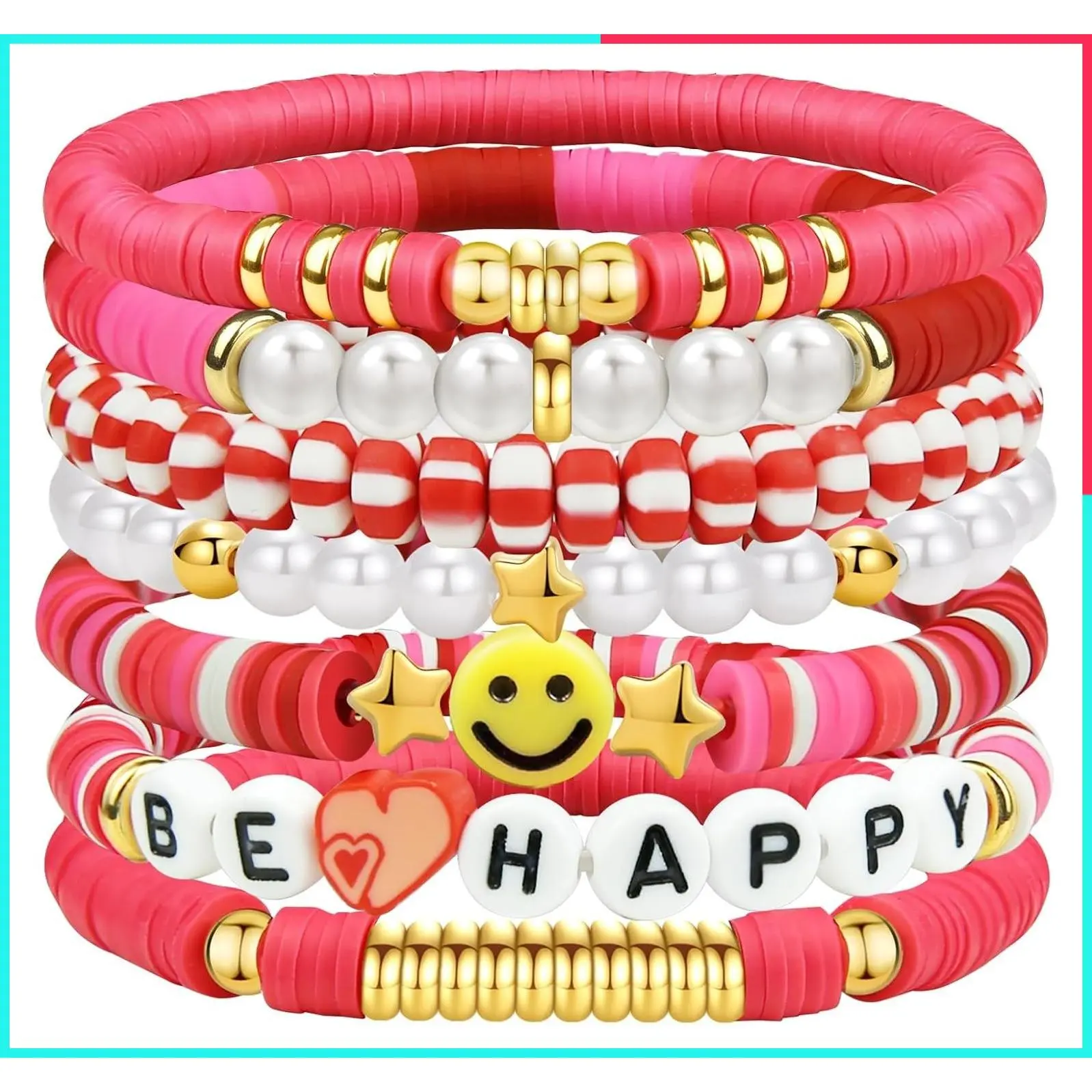 Friendship Stretch Stackable Heishi Clay Bead Bracelets for Women, Preppy Smiley Surfer Style