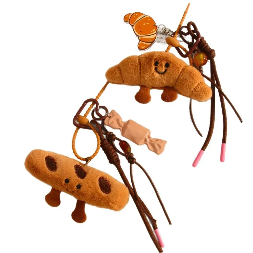 Kawaii Plush Cartoon Bread Keychain - Creative Croissant & Baguette Soft Stuffed Unisex Charm, Miu-Style Braided Rope Bag Pendant for Backpack, Purse, Keys Daily Decor