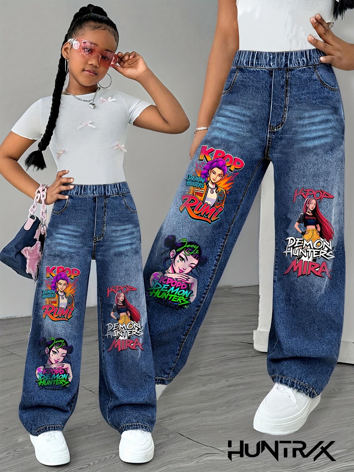 Girls' Casual Fitted Jeans, Cartoon Print Denim Pants for Ages 7-12, Stylish Youthwear for Fall & Winter, Trendy Trousers for Girls