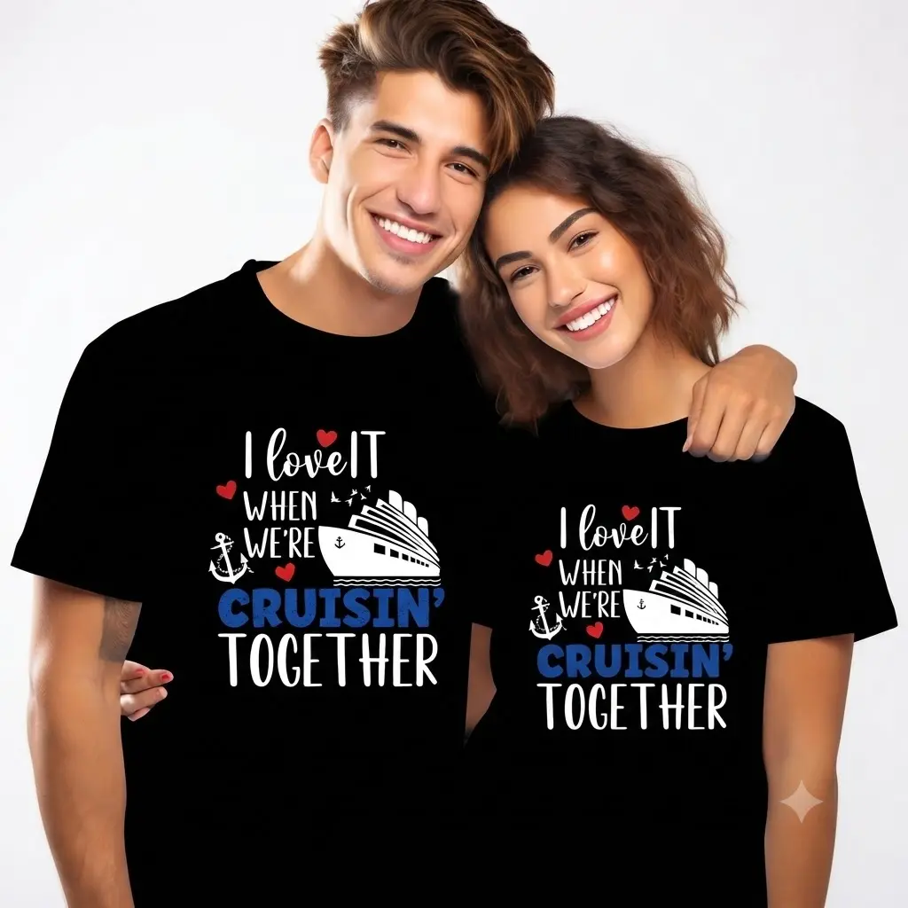 Matching Couple's T-Shirt - I Love It When We're Cruisin Together Cruise Nautical Solid Black Matching Couple Short Sleeve Tee, Trendy Anchor Heart Ship Typography Vacation T-Shirt