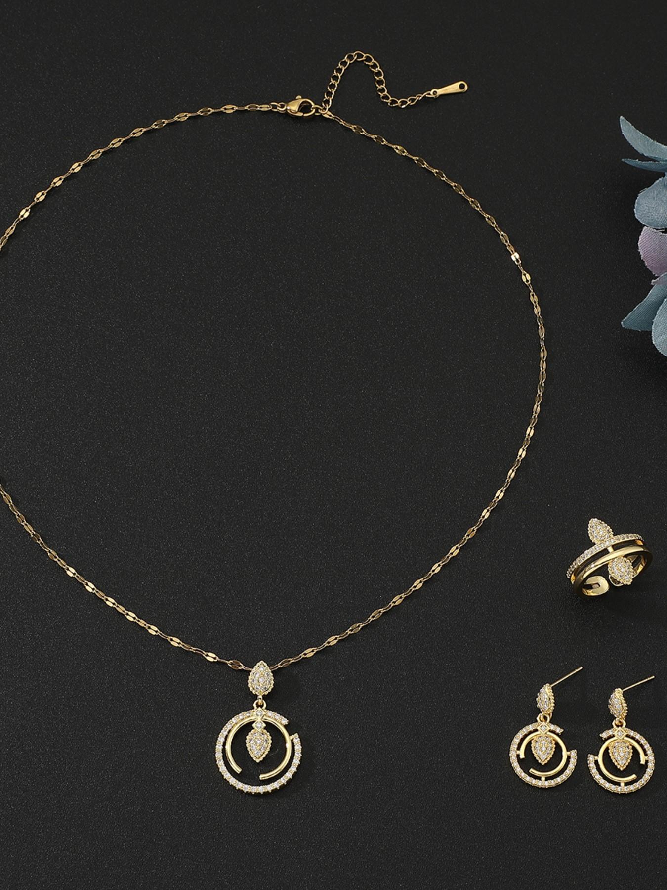 Women's Jewelry Set, 4-Piece Drop Pendant Necklace, Earrings, Ring, Letter C Zircon Pendant, Perfect for Weddings, Holiday Gifts