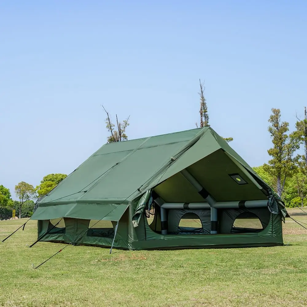 Inflatable Camping Tent w/Hand Pump Mesh Win-Door 63/129SQ FT | Blow-Up Cabin Tent, Waterproof Oxford, 4-Season, Glamping Air Tent Easy Setup, Fits 3-8 People