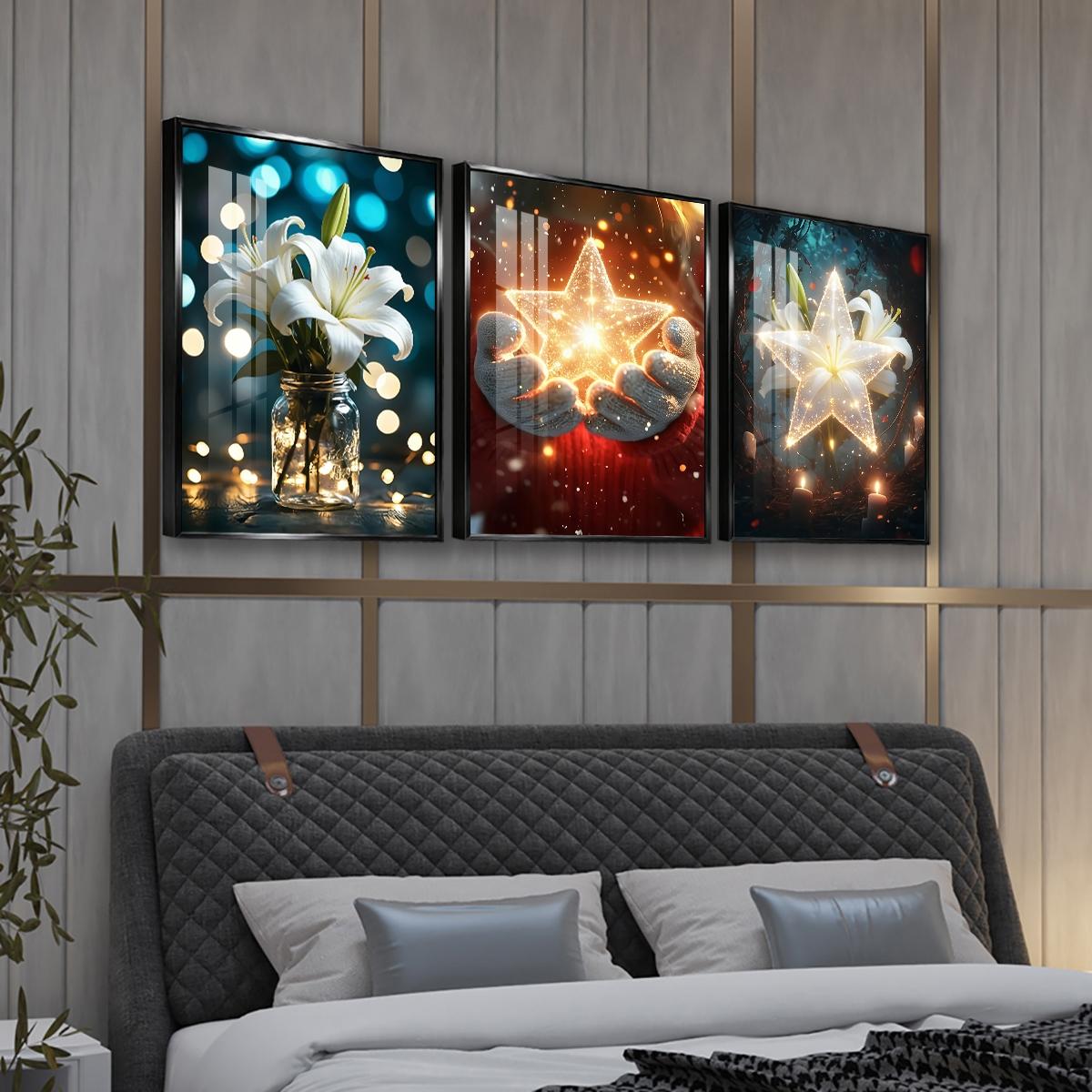 3 Counts Aluminum Alloy Framed Painting, White Lily And Glowing Star Art Pictures, Home Decoration For Living Room, Bedroom, Office, Restaurant, Hallway Wall Decor, Odorless Print Artwork, Luxury Perfect Gift For Friends And Family