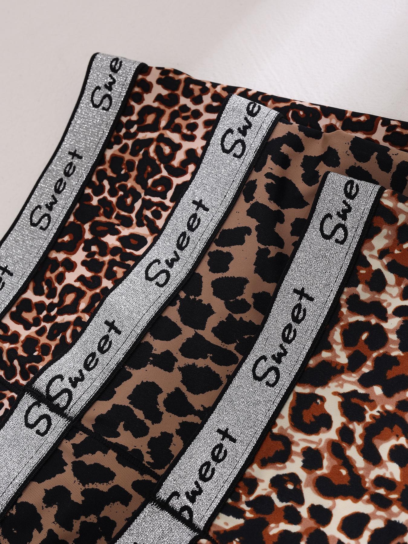 Women's Leopard & Plain Print Contrast Letter Tape High Waisted Boxer Brief, Soft Comfy Breathable Panty for Daily Wear, Underwear for All Seasons