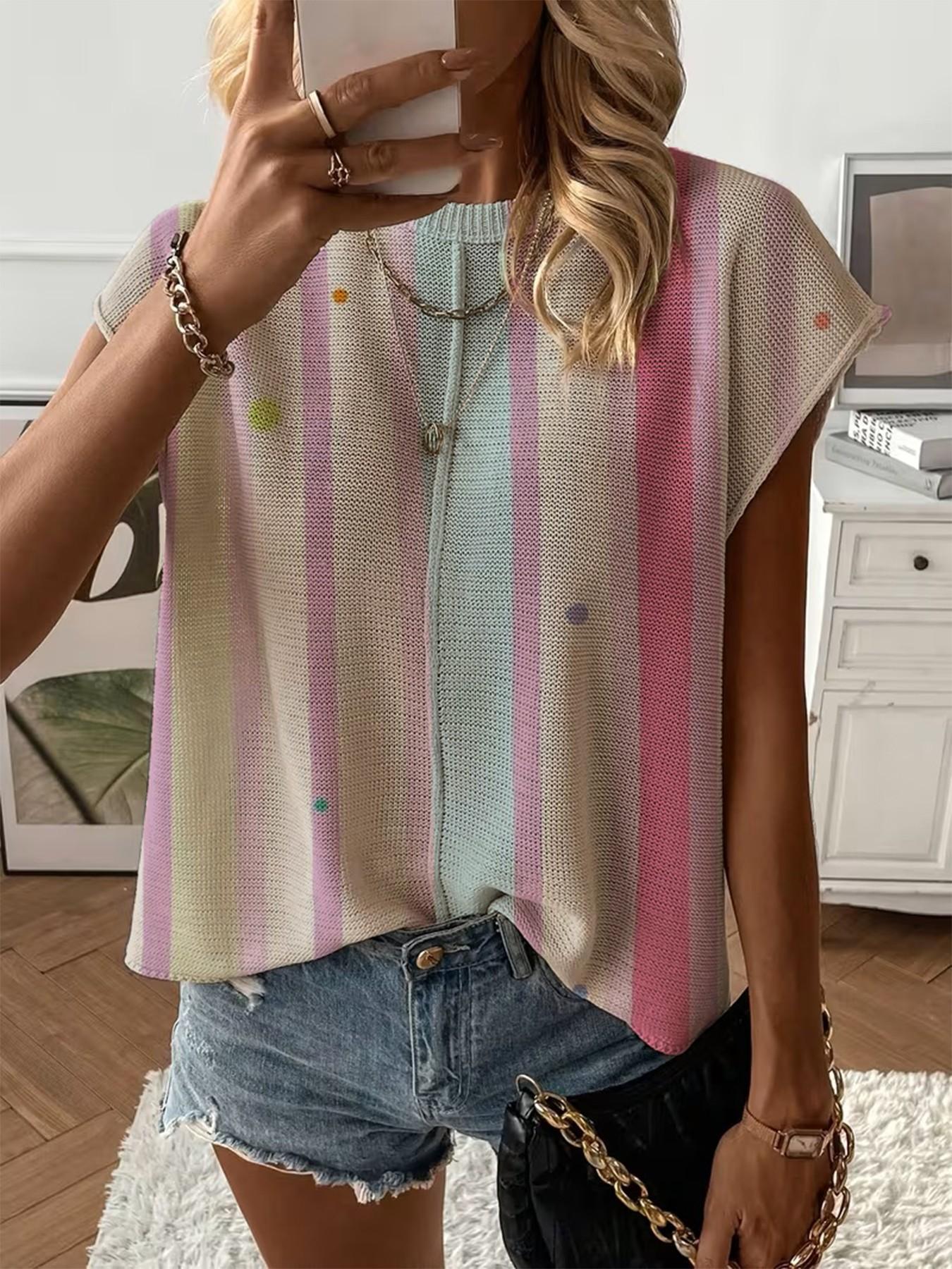 Spring/Summer crew neck drop-shoulder loose fit contrast stripe splicing print short-sleeve women's knit top, vacation style, casual elegant commute, ladies short-sleeve knit top, bikini cover-up.