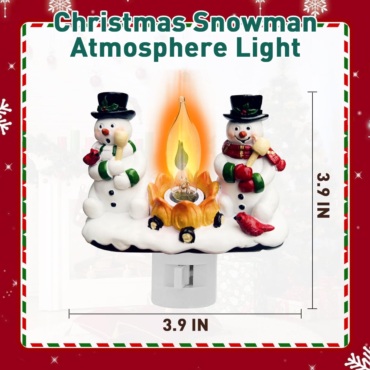 Snowman Bonfire Night Light, Rotating Plug-In Christmas Night Light with Flickering Flame Effect, 4-Inch Resin Holiday Decor, Cute LED Lamp for Kids Room, Hallway, Living Room, Staircase, Christmas Gift