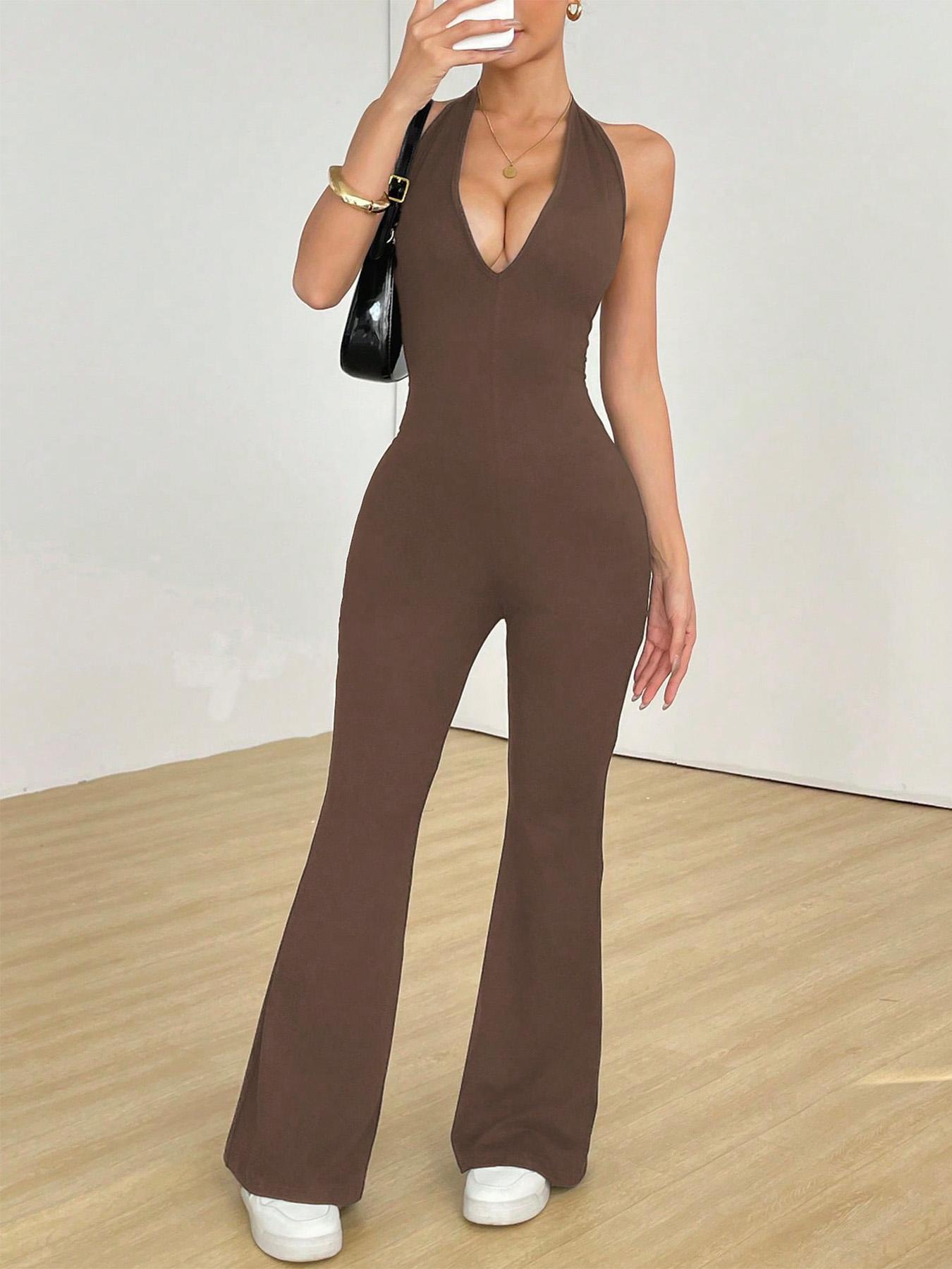 2026 Women's Sexy Halter V Neck Jumpsuit, Sleeveless Backless Design, Fitted Flare Leg Romper, Casual Style for All Seasons
